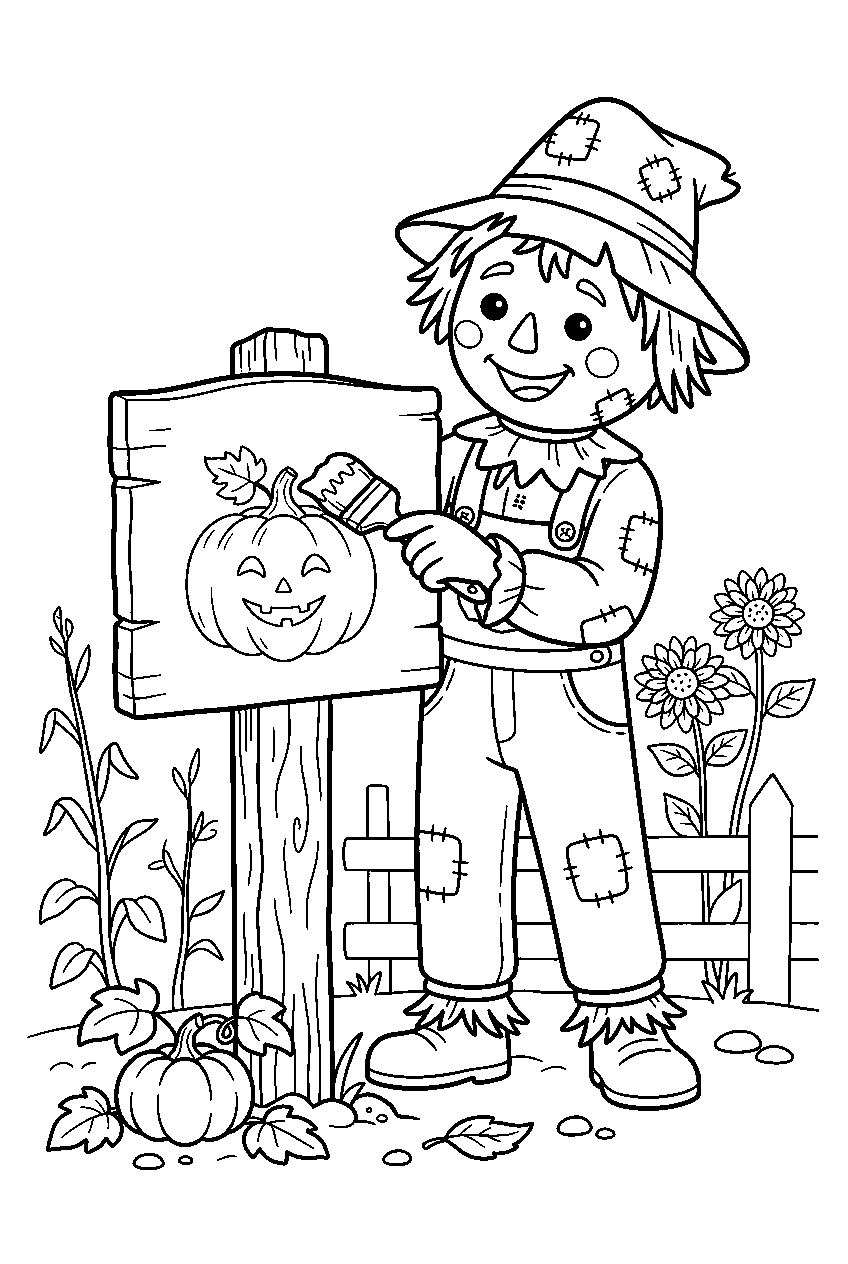 halloween pumpkin painting wooden sign in country garden line art
