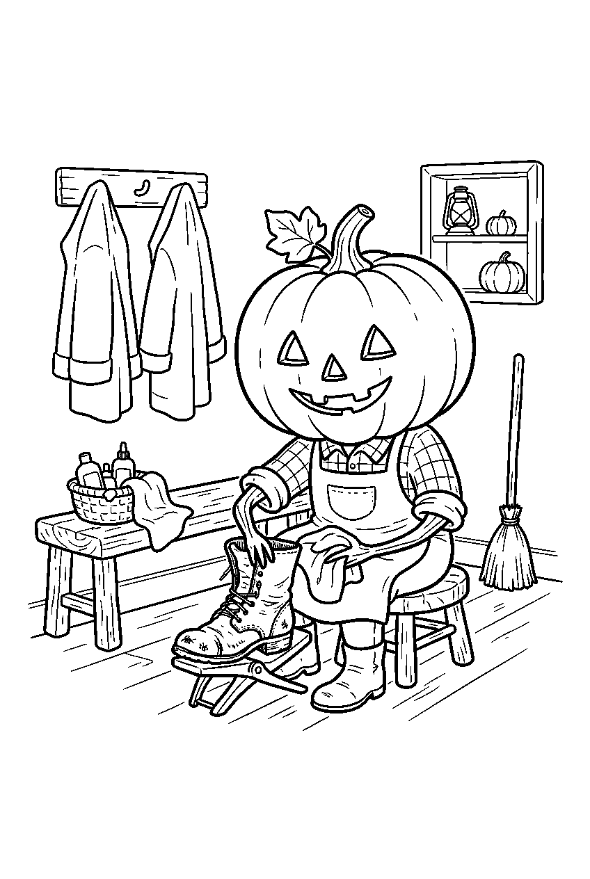 halloween pumpkin polishing boots in farmhouse mudroom line art