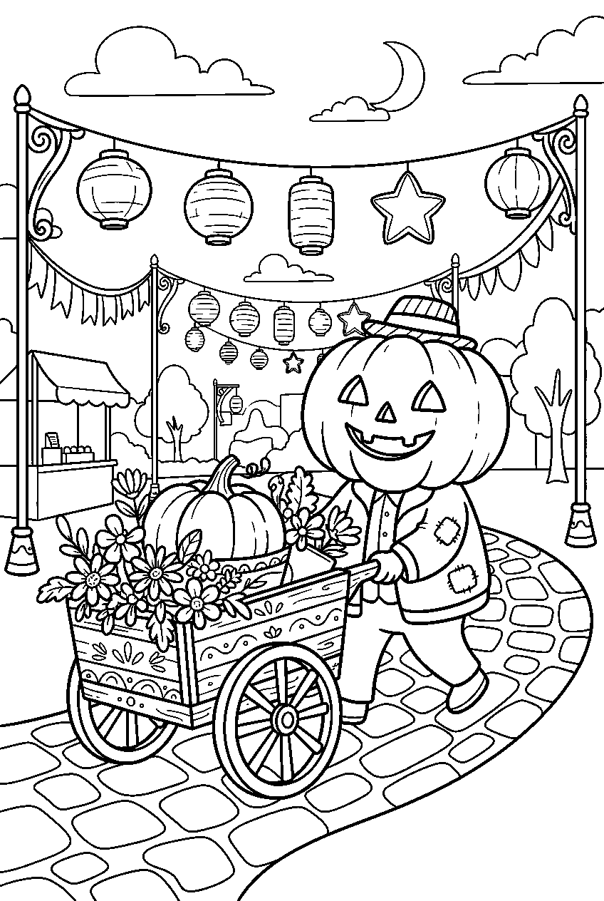 halloween pumpkin pushing flower cart through lantern festival line art