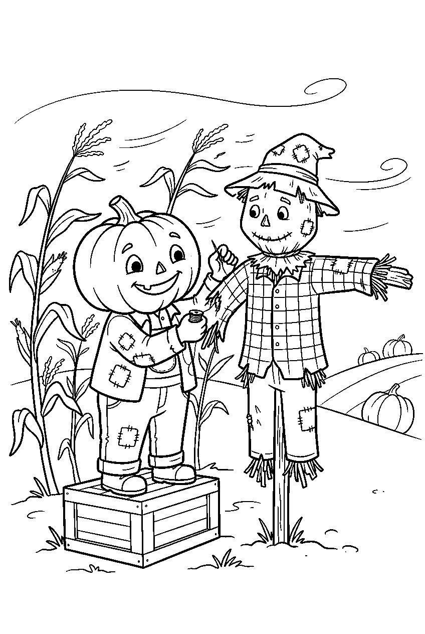 halloween pumpkin repairing scarecrow in windy cornfield line art