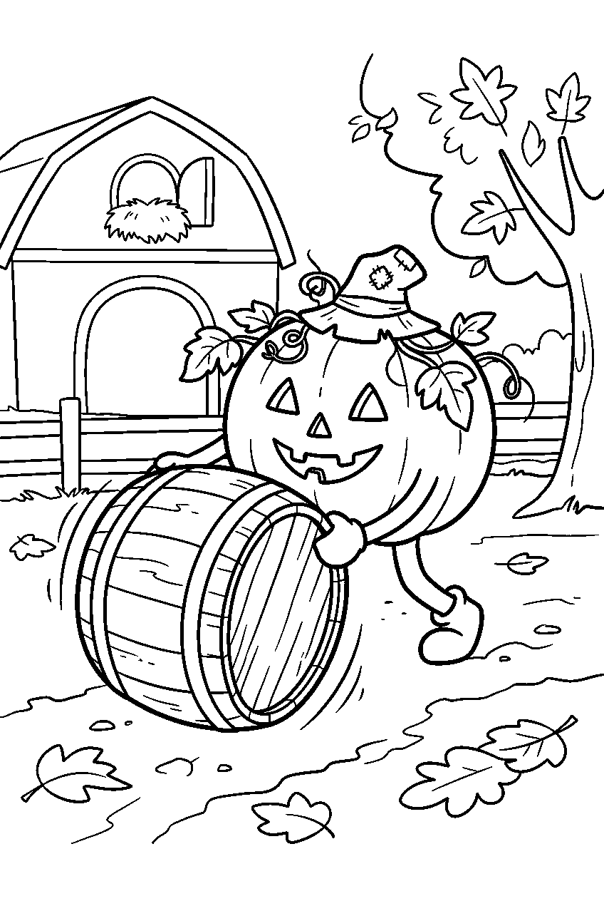 halloween pumpkin rolling barrel across autumn barnyard line art