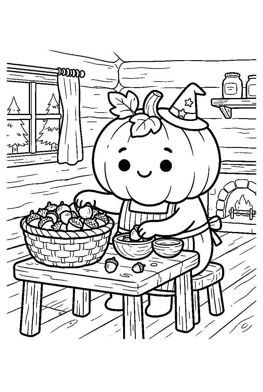 halloween pumpkin sorting acorns inside forest cabin line art