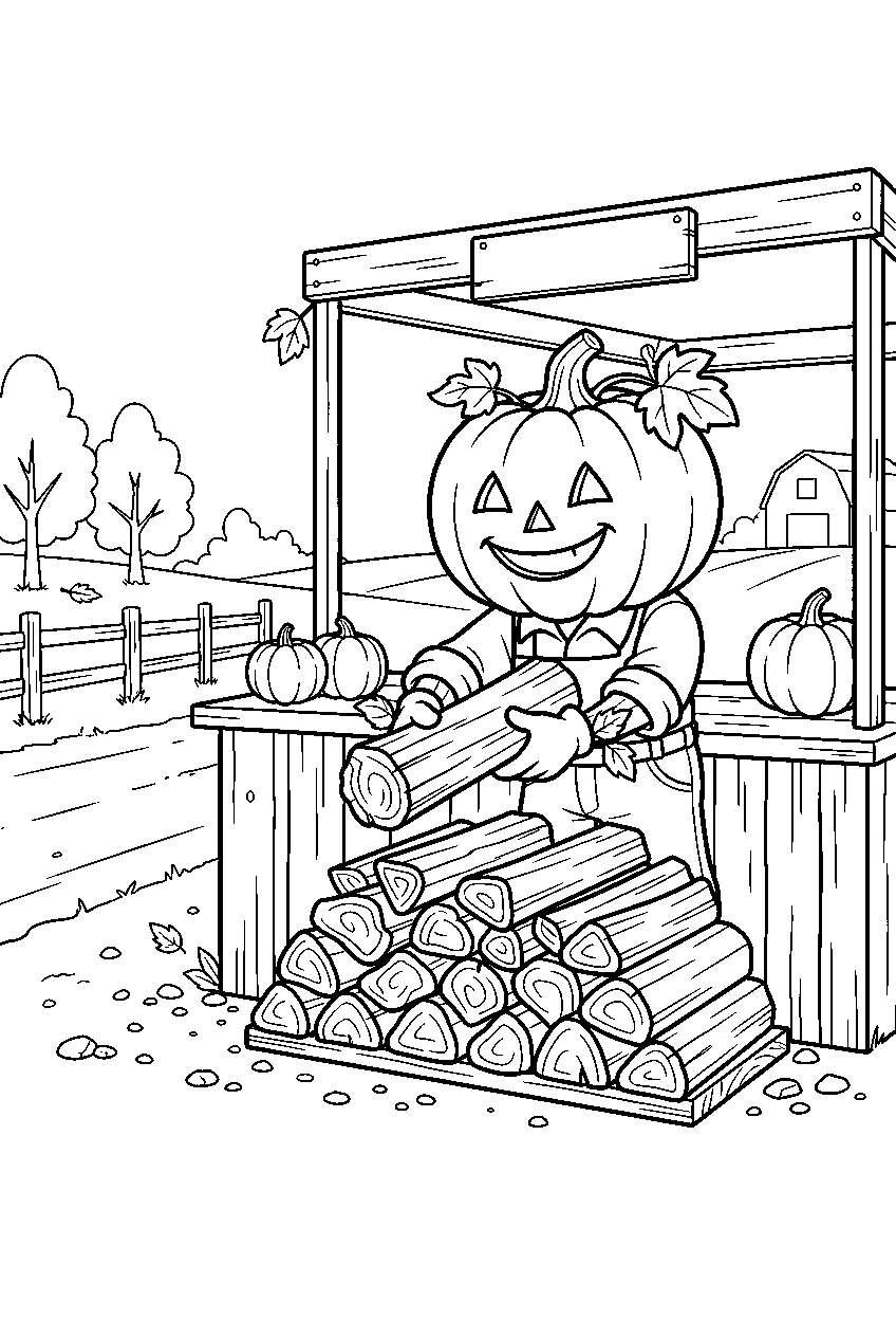 halloween pumpkin stacking firewood at roadside farm stand line art