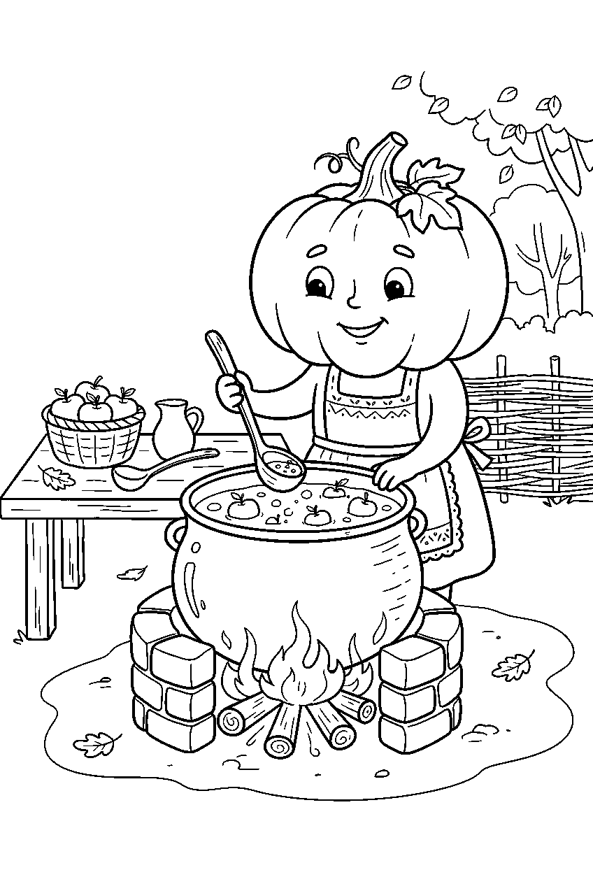 halloween pumpkin stirring apple cider in outdoor harvest kitchen line art