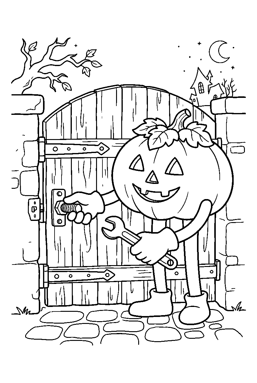 halloween pumpkin tightening bolts on village gate line art