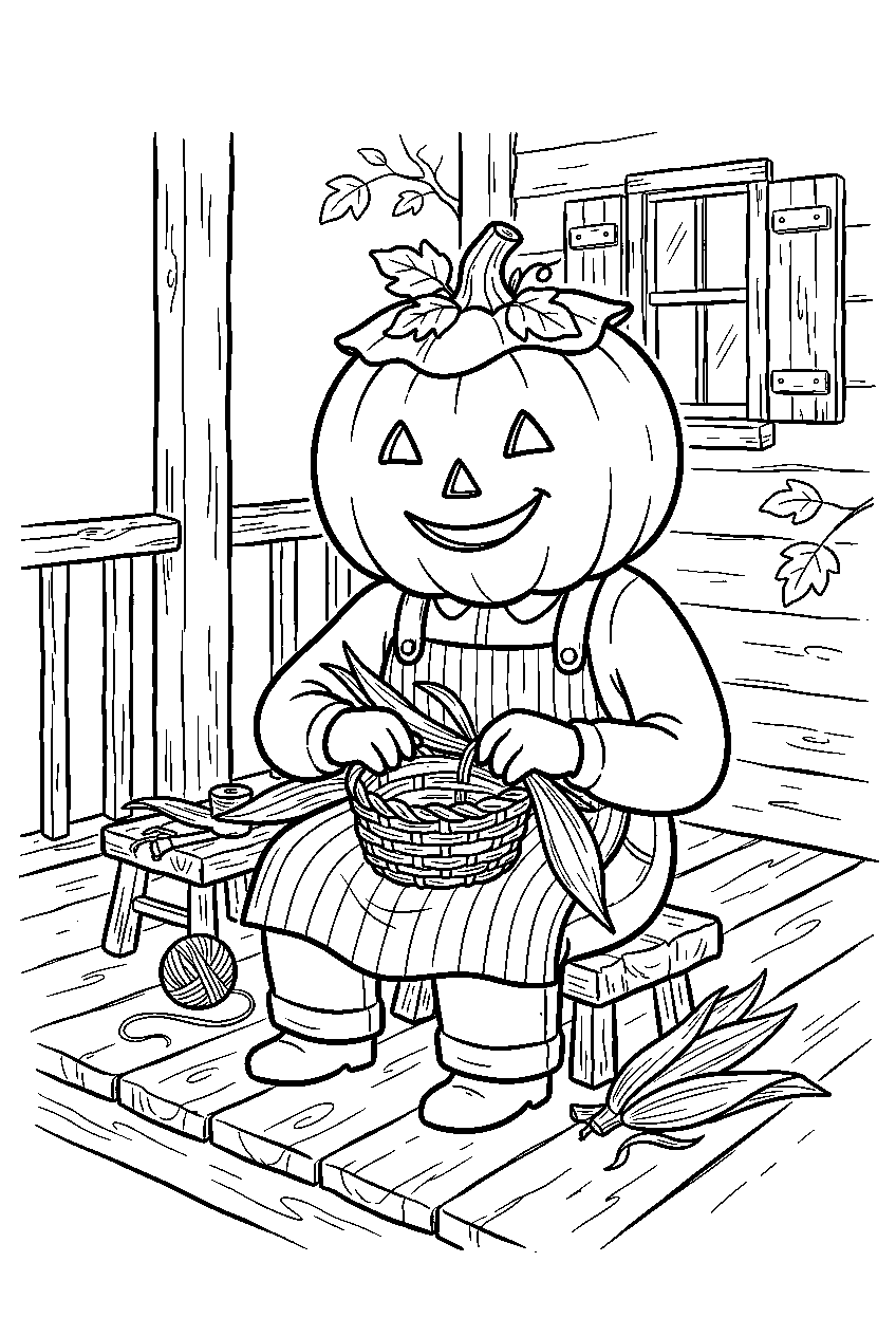 halloween pumpkin weaving corn husk basket on farmhouse porch line art