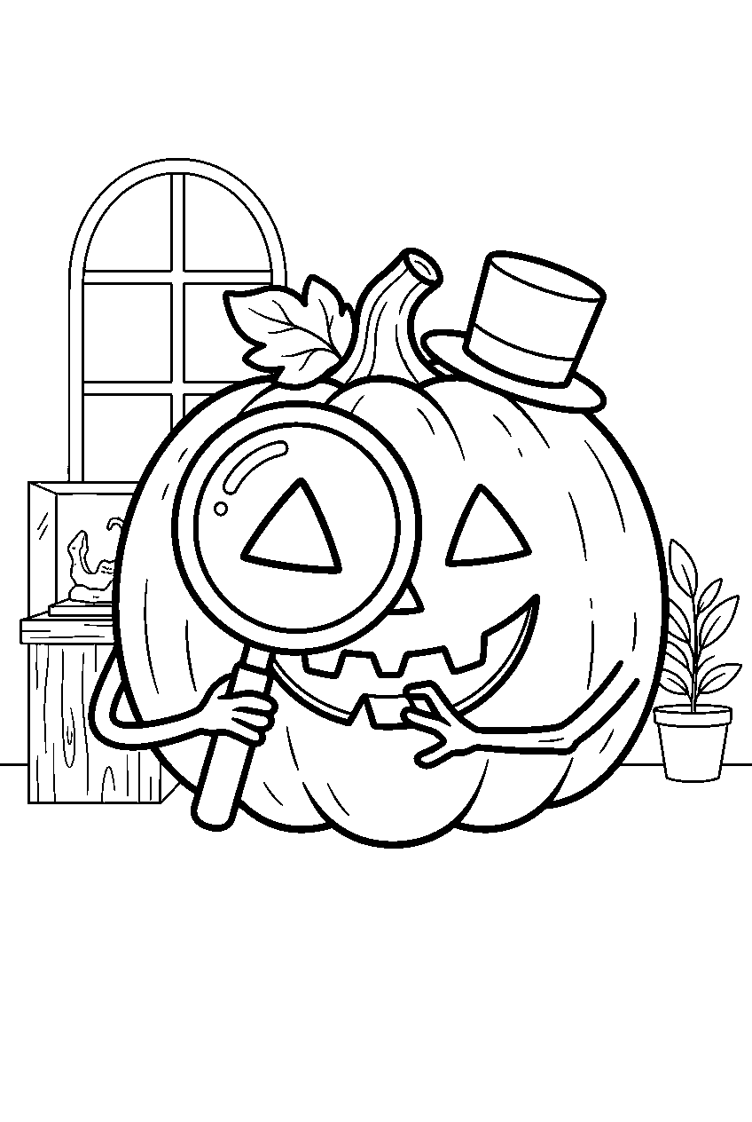 jack o lantern holding magnifying glass in old museum line art