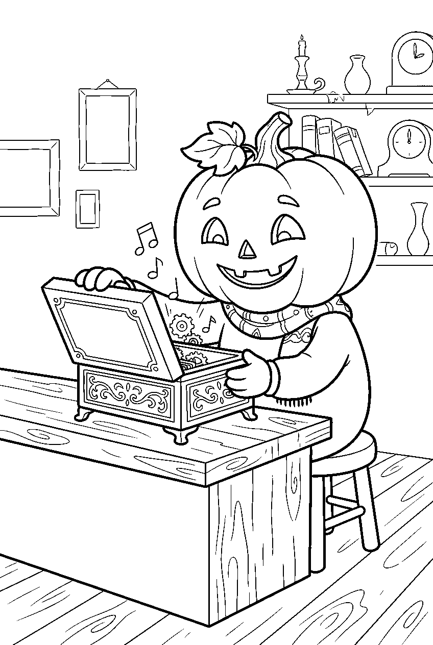 jack o lantern opening music box in antique shop line art