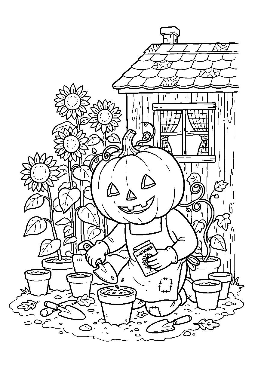jack o lantern planting sunflower seeds near potting shed line art