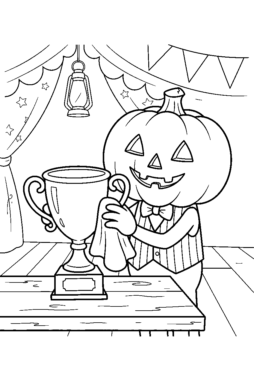 jack o lantern polishing trophy in carnival tent line art
