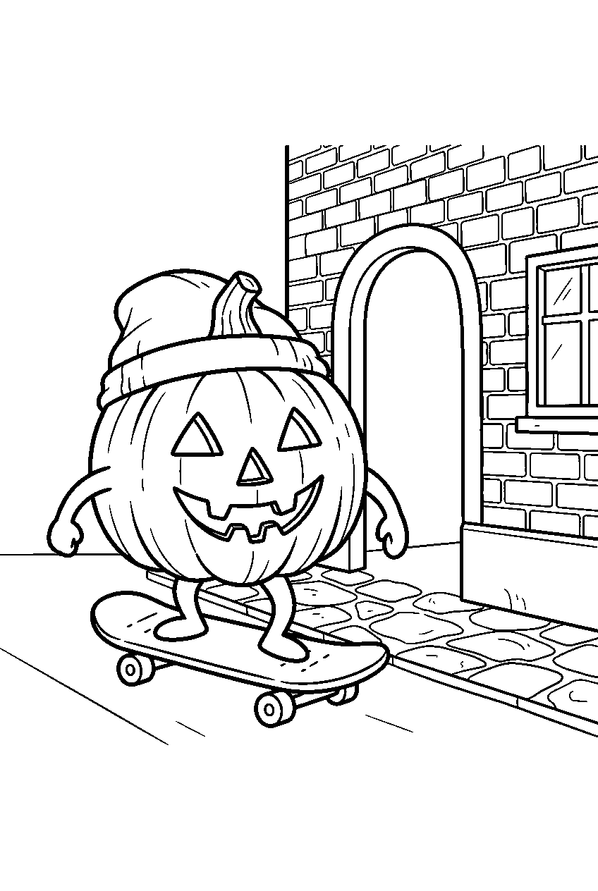 jack o lantern riding skateboard beside brick warehouse line art