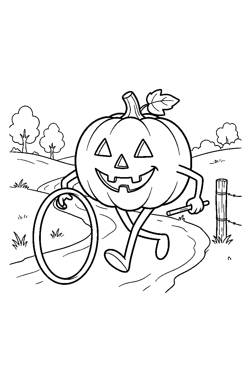 jack o lantern rolling hoop down country lane line art
