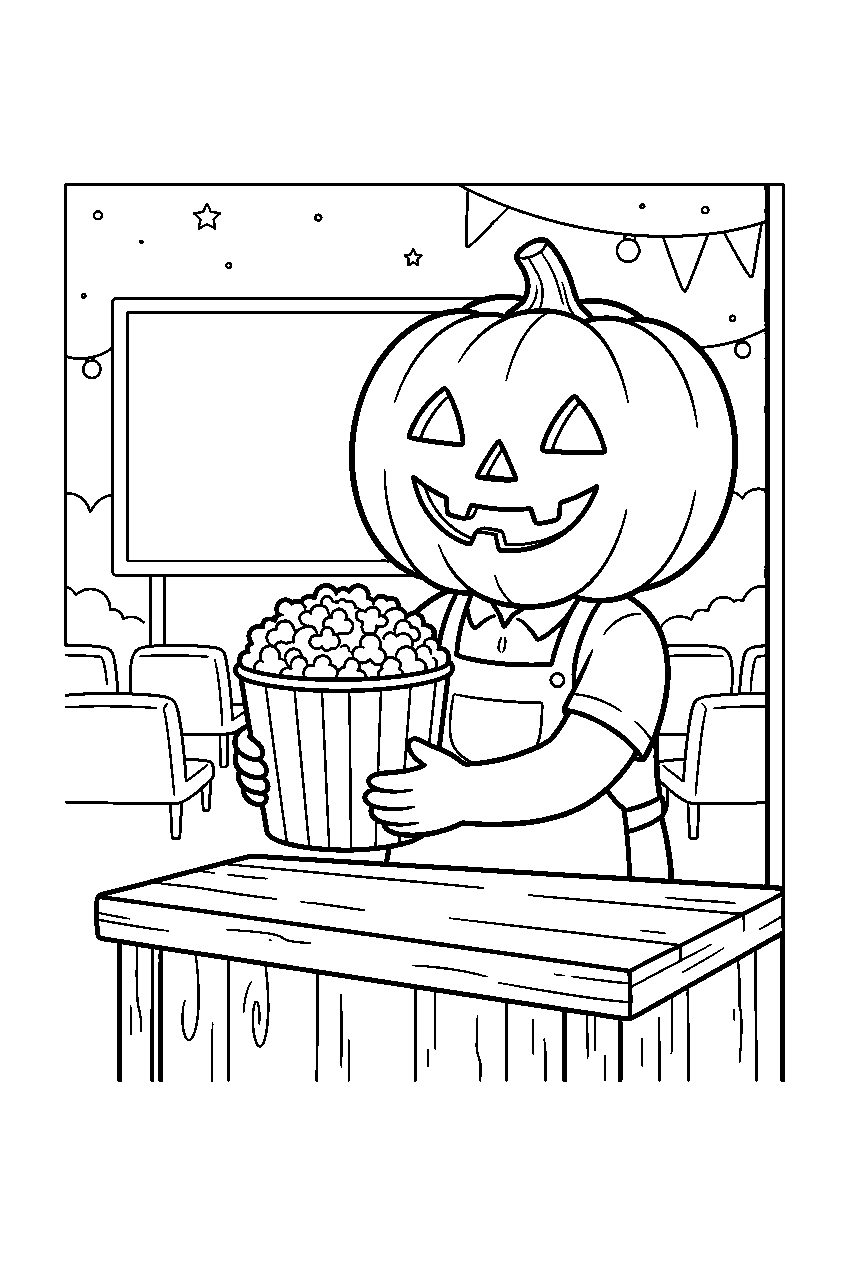 jack o lantern serving popcorn at outdoor cinema line art