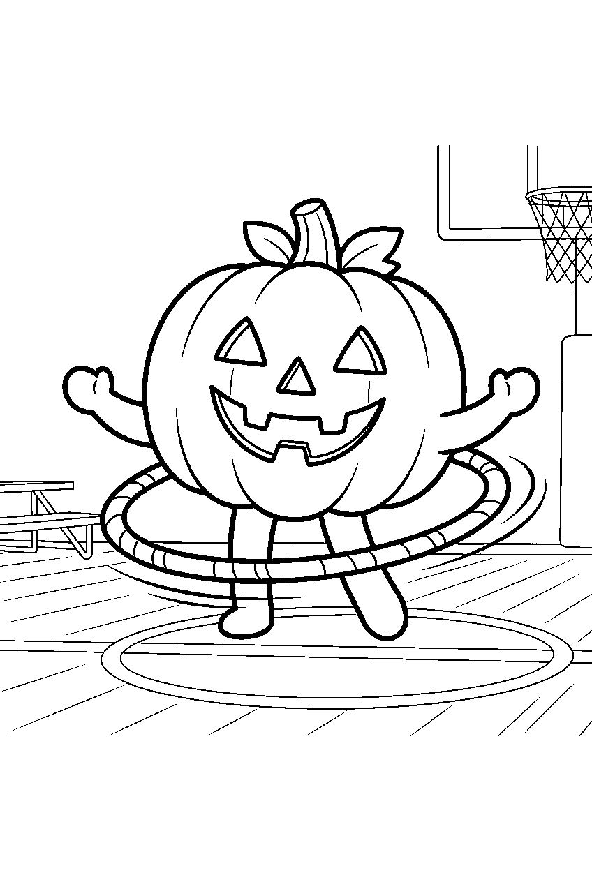 jack o lantern spinning hula hoop in school gym line art