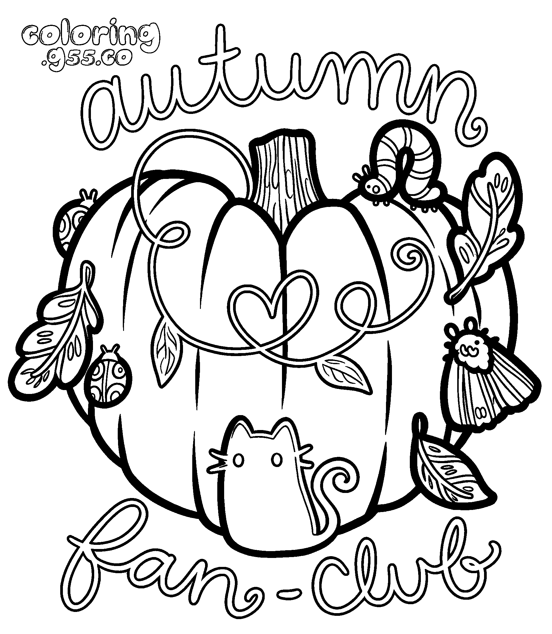 kawaii autumn pumpkin cat line art for kids
