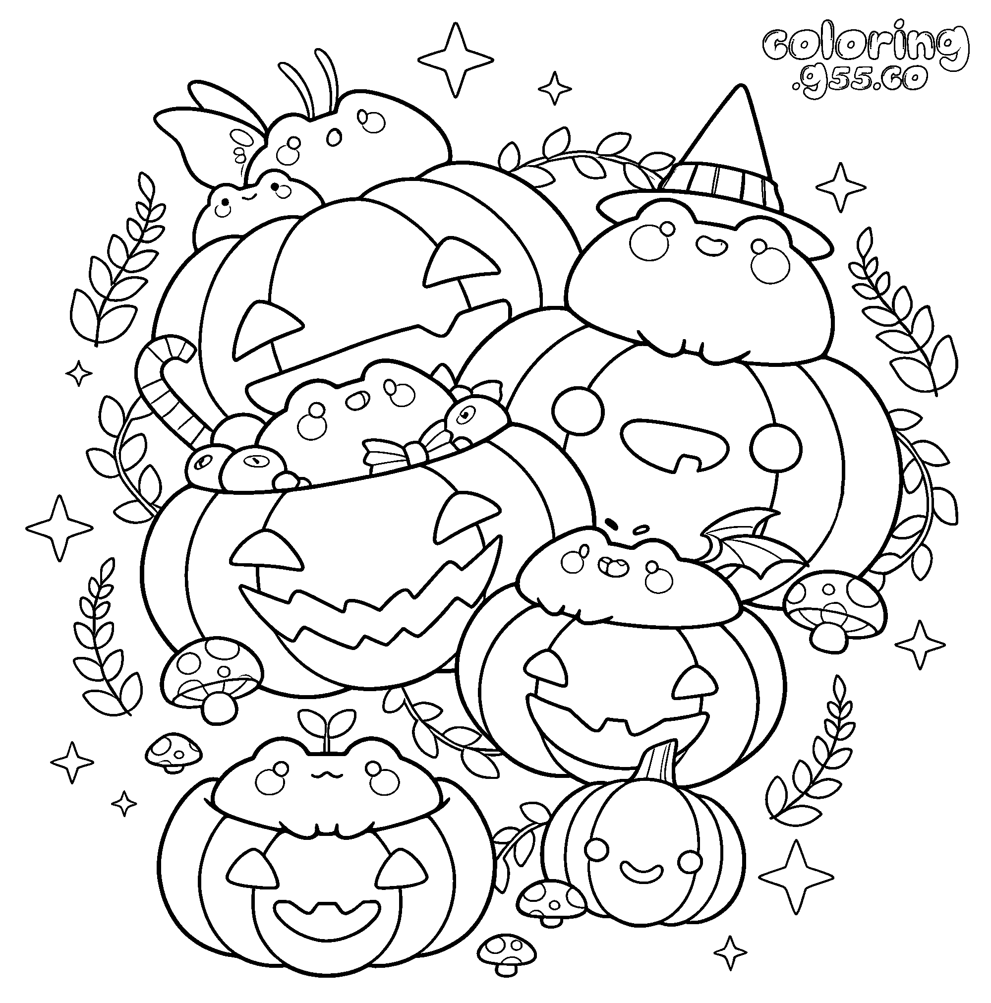 kawaii halloween pumpkin frogs line art for kids