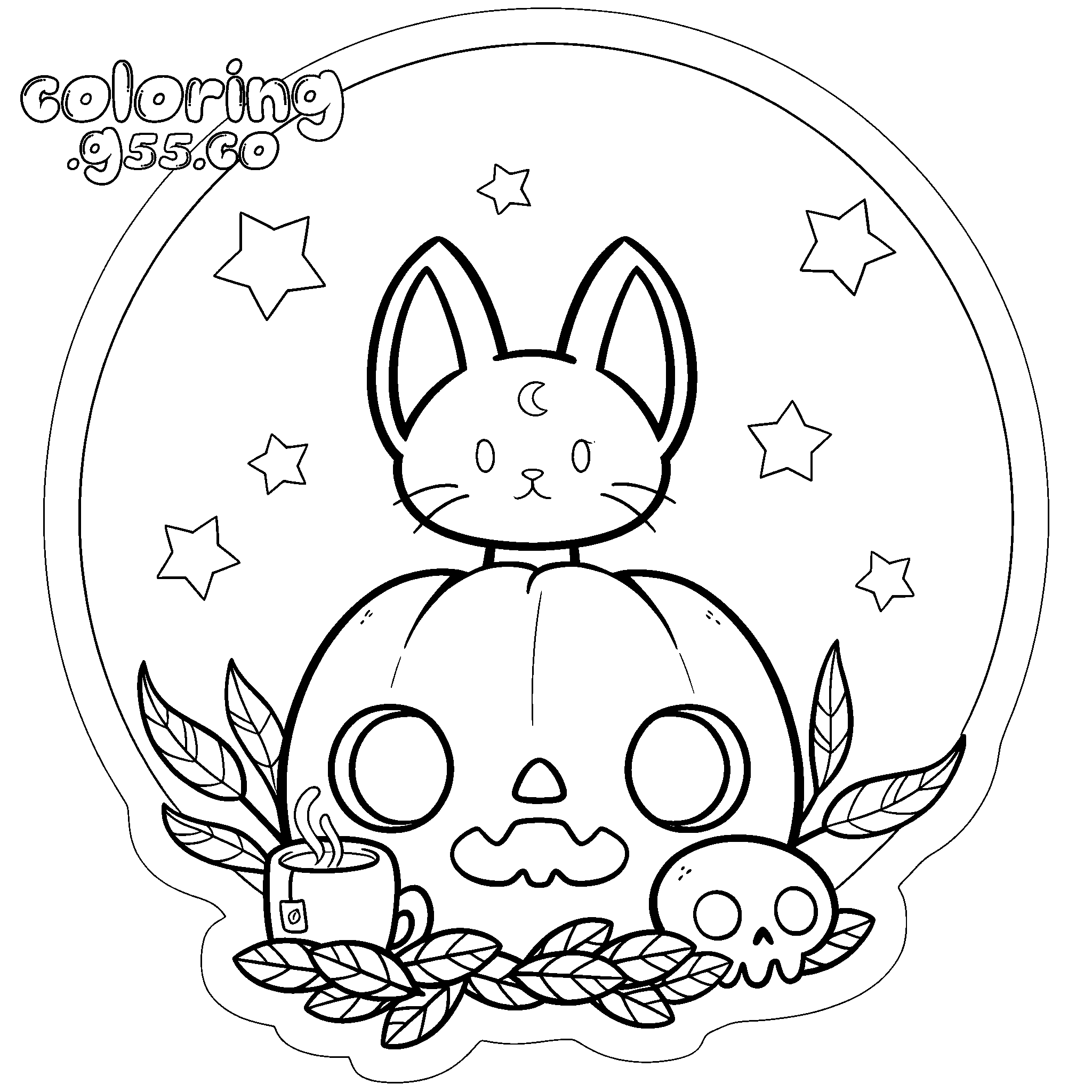 kawaii moon cat on pumpkin line art