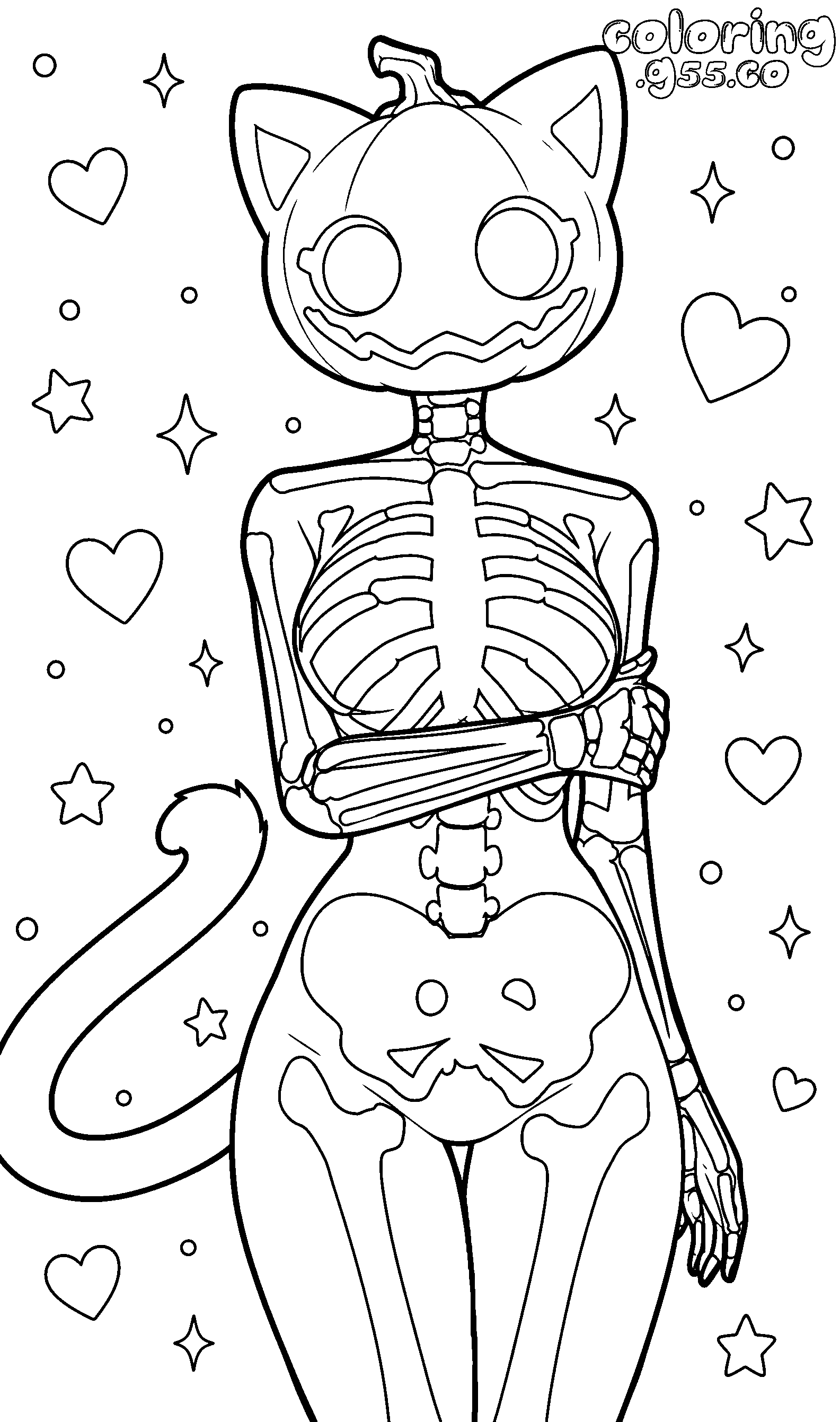 pumpkin head skeleton cat line art