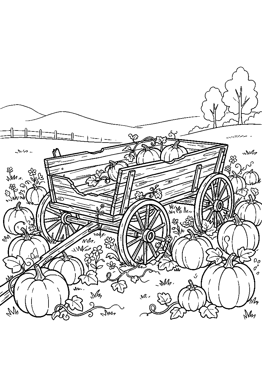 pumpkin patch growing around abandoned wagon in meadow line art