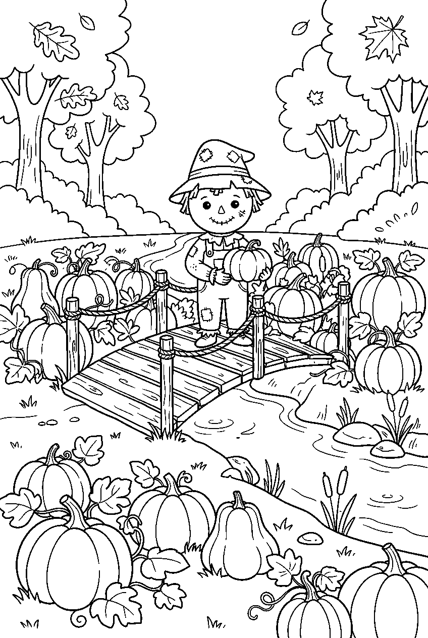pumpkin patch surrounding little bridge over woodland creek line art