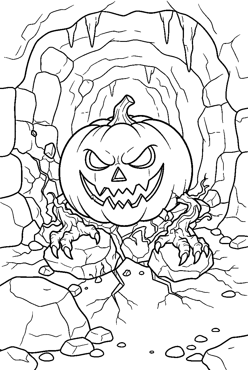 scary pumpkin cracking stones inside mountain cave line art