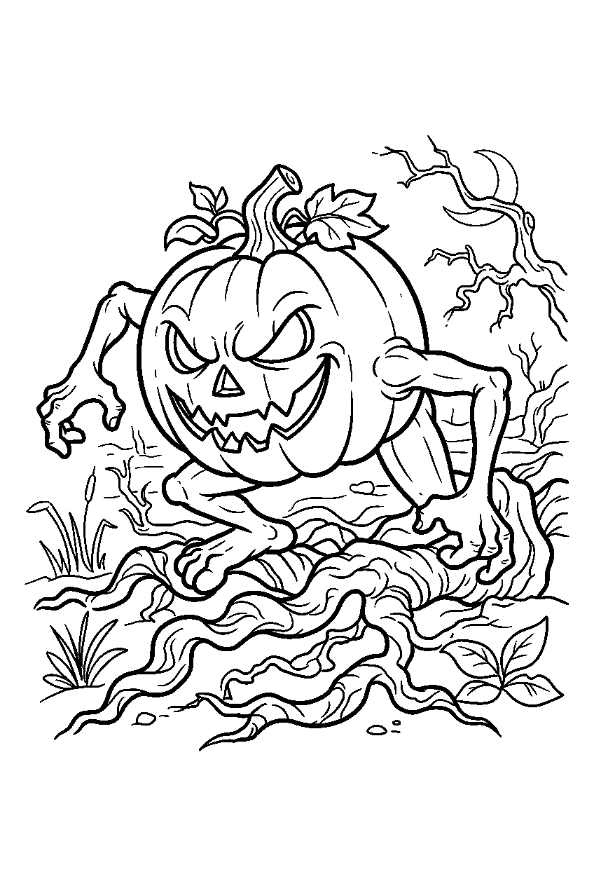 scary pumpkin crawling through twisted roots in dark swamp line art