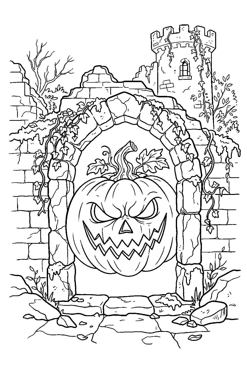 scary pumpkin emerging from ruined castle doorway line art