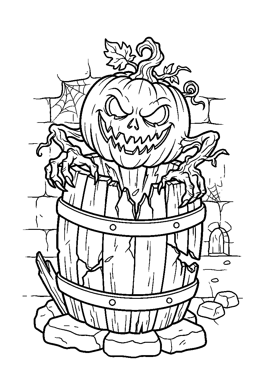 scary pumpkin reaching from cracked barrel in old cellar line art
