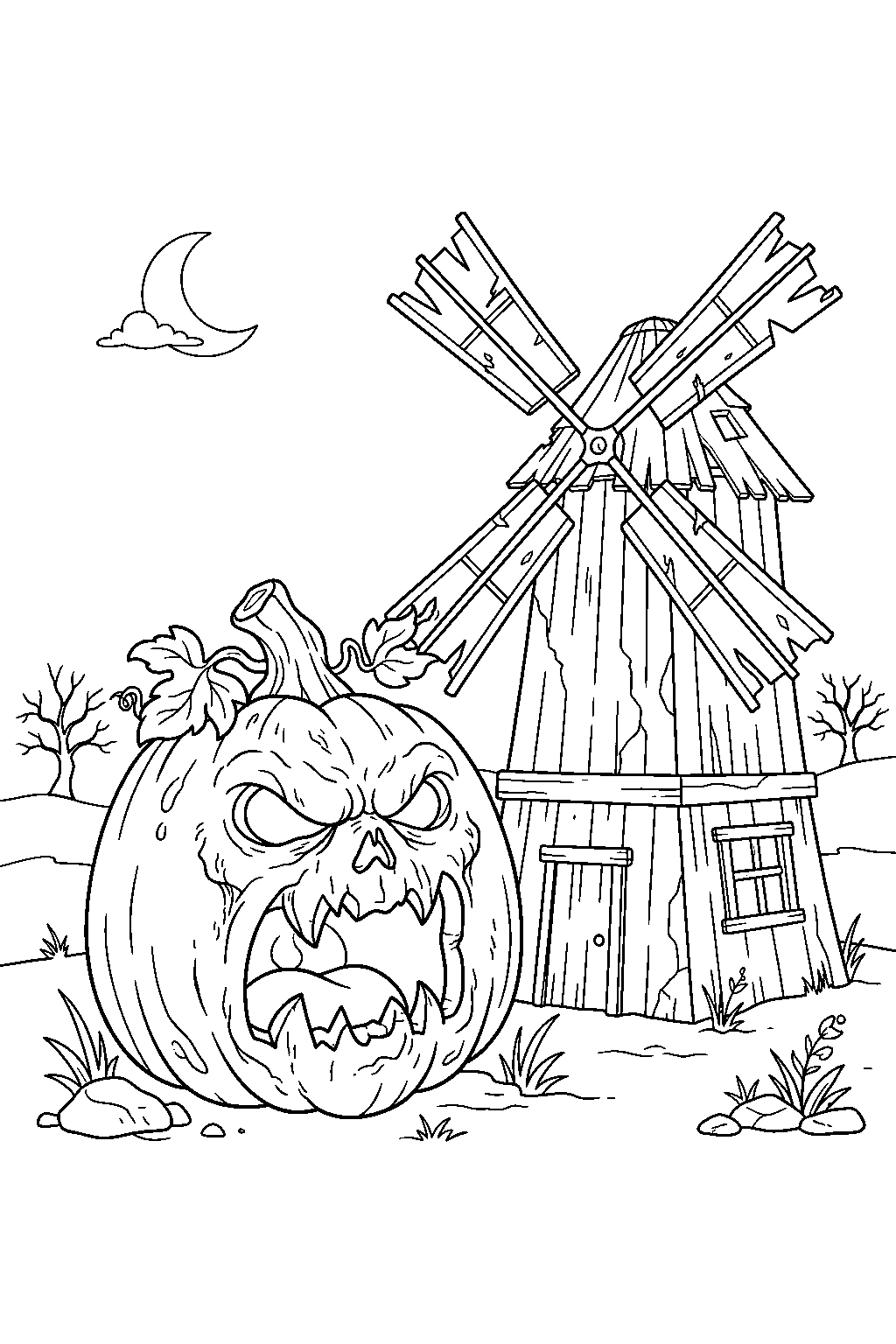 scary pumpkin roaring beside abandoned windmill line art