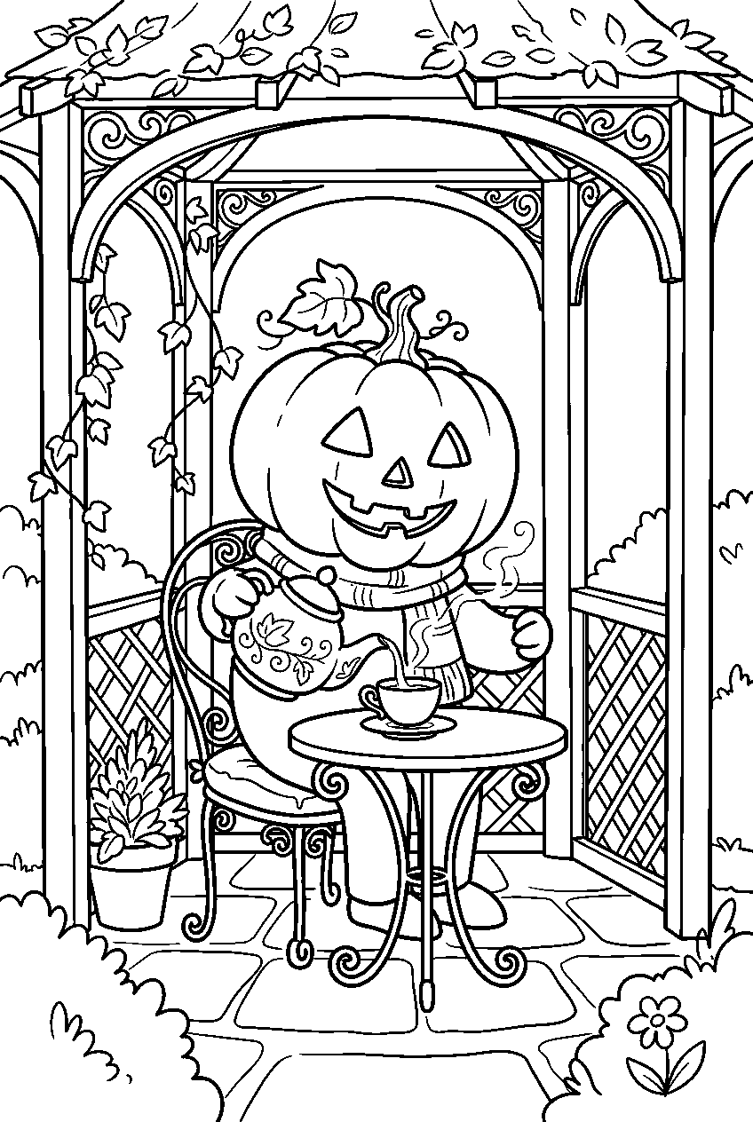 smiling jack o lantern pouring tea in garden gazebo line art