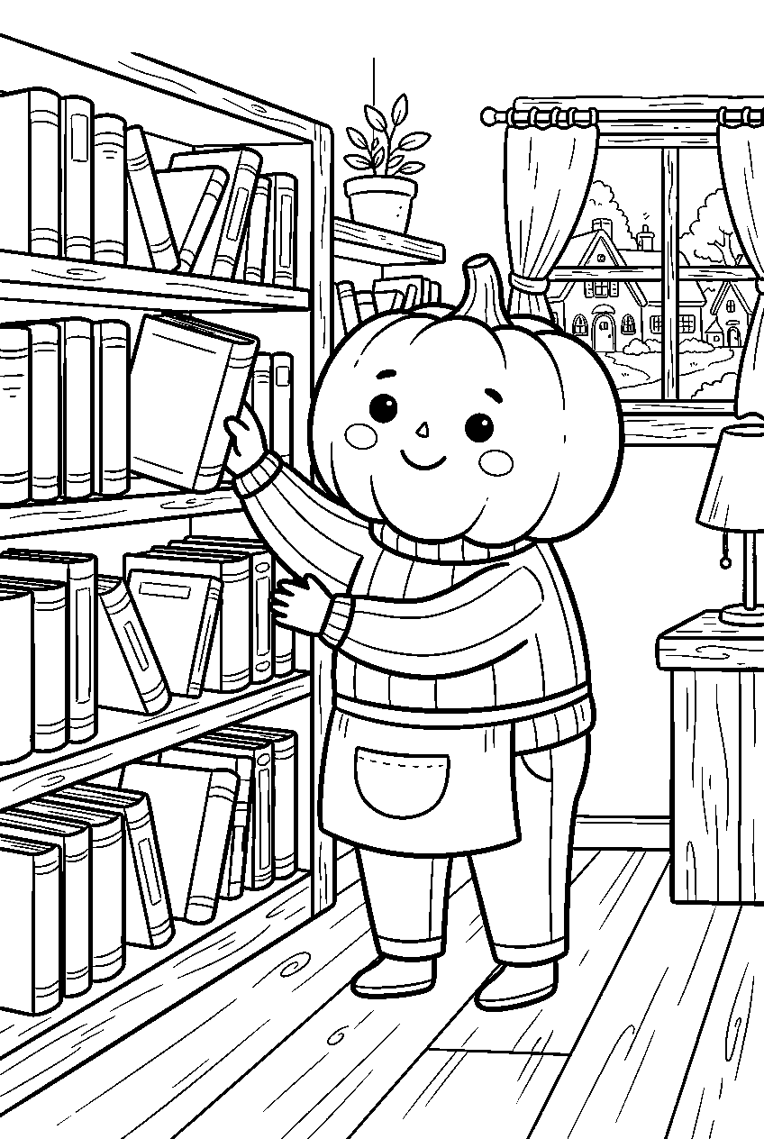smiling pumpkin arranging books in village bookshop line art