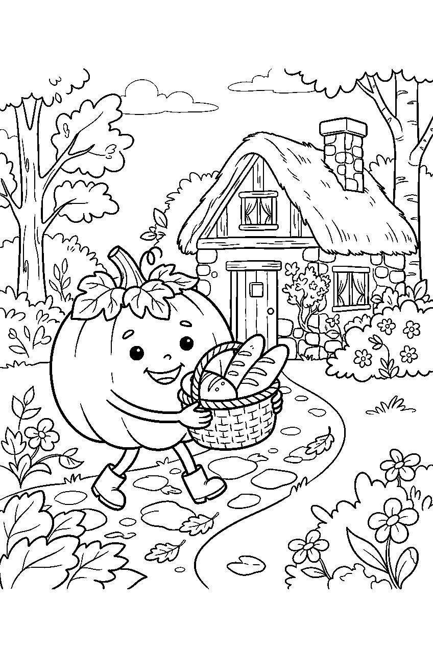 smiling pumpkin delivering bread to forest cottage line art