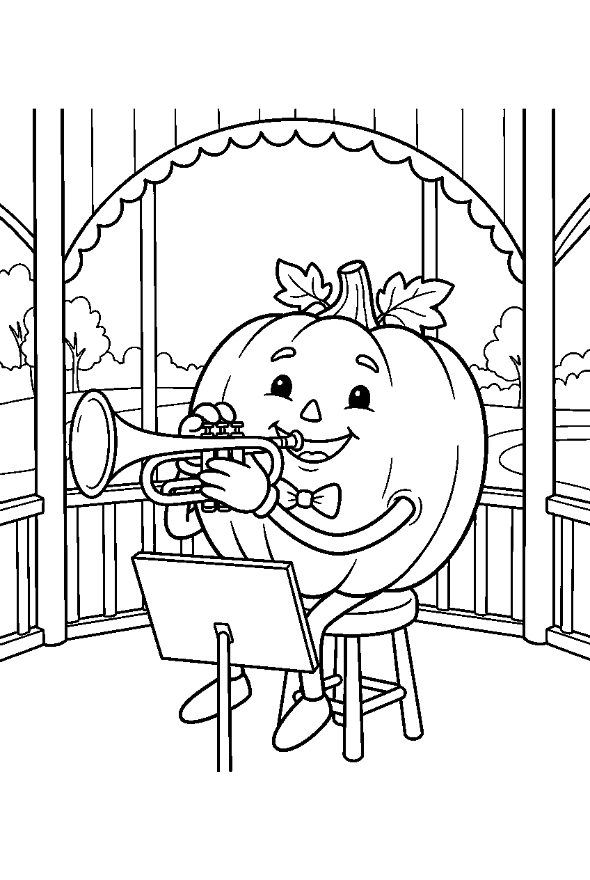 smiling pumpkin playing trumpet in park bandstand line art
