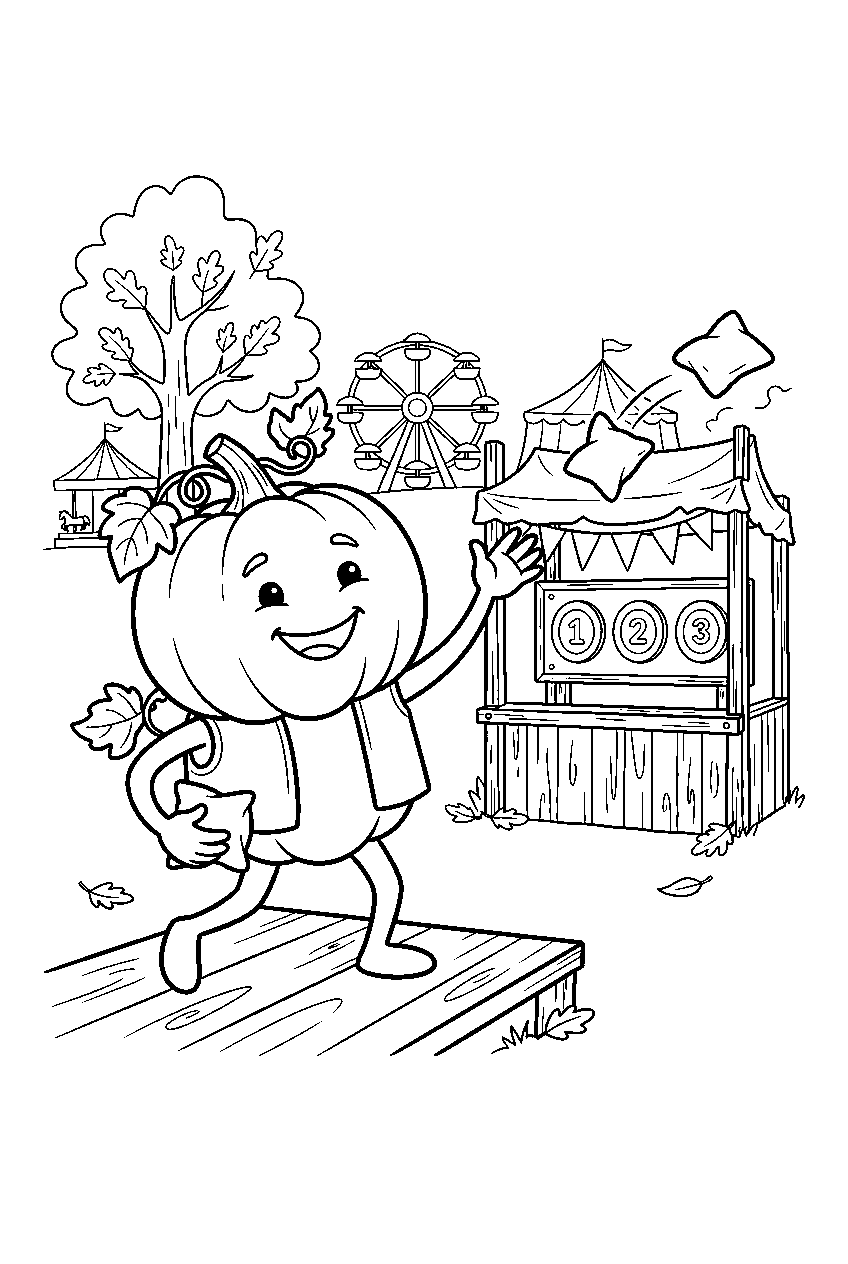 smiling pumpkin tossing beanbags at autumn fairground line art