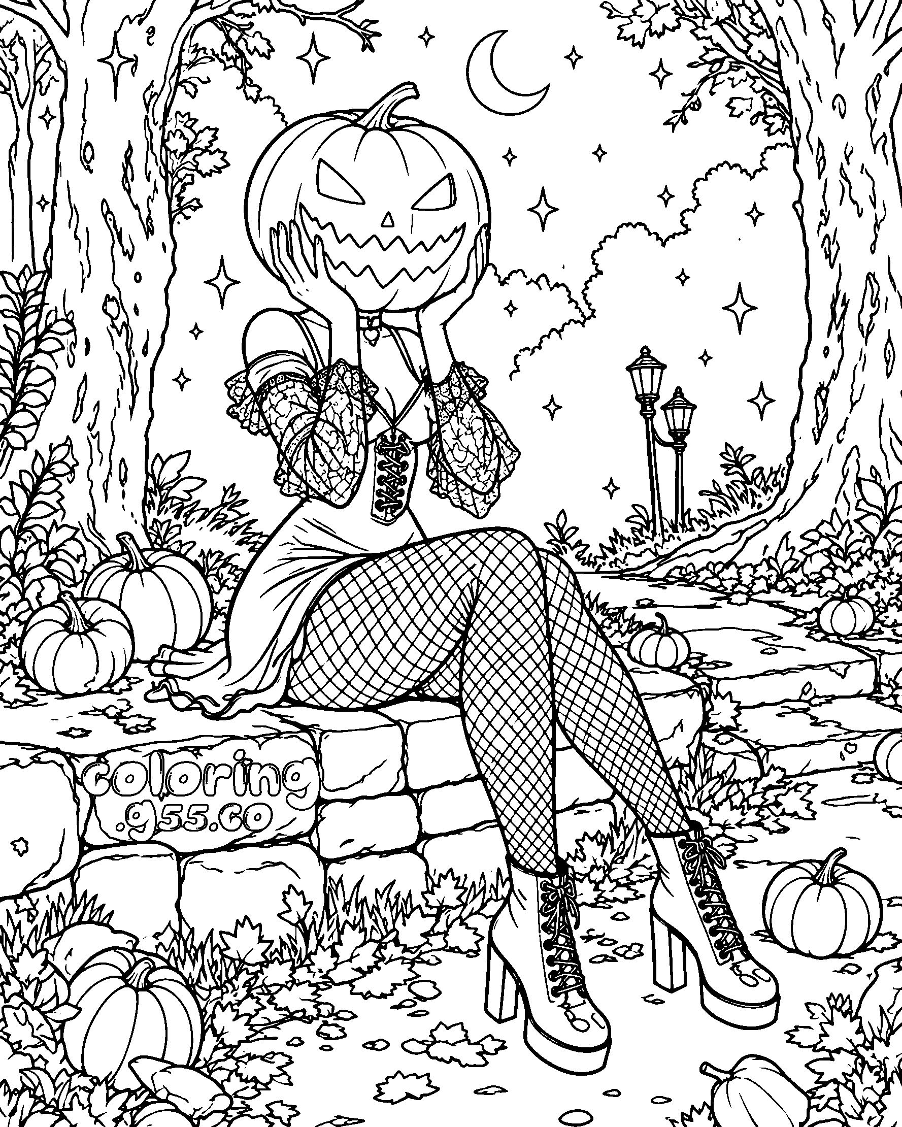 spooky pumpkin girl fashion line art for kids