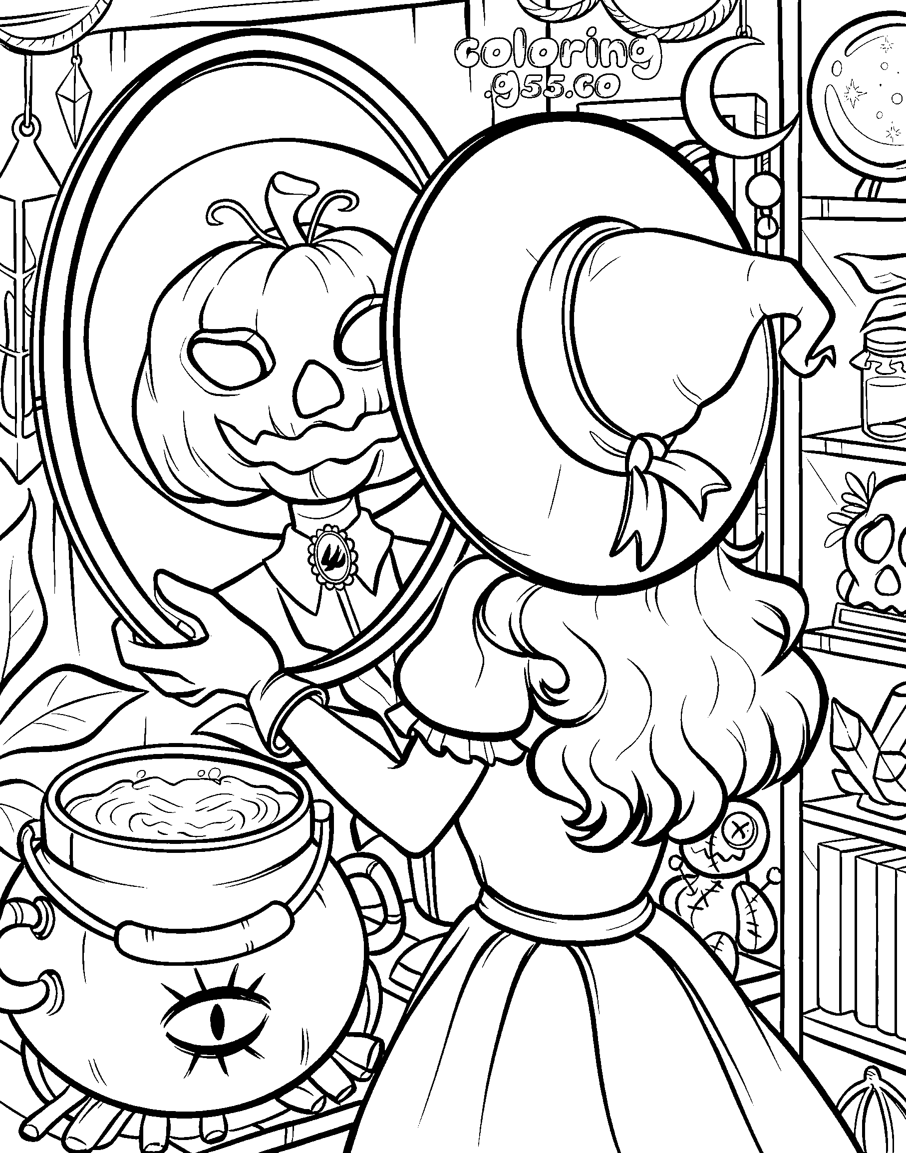 spooky witch mirror halloween line art for kids