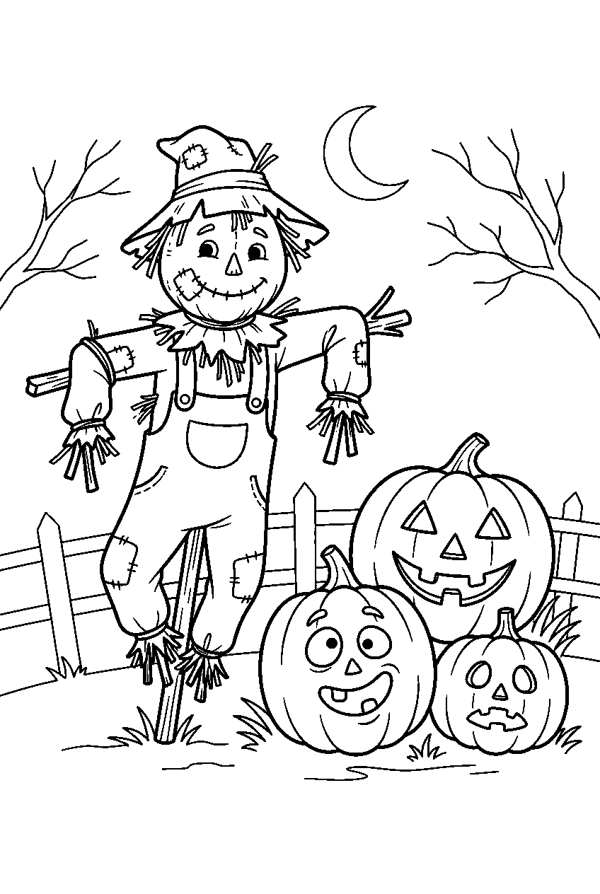 carved halloween pumpkins near crooked scarecrow line art