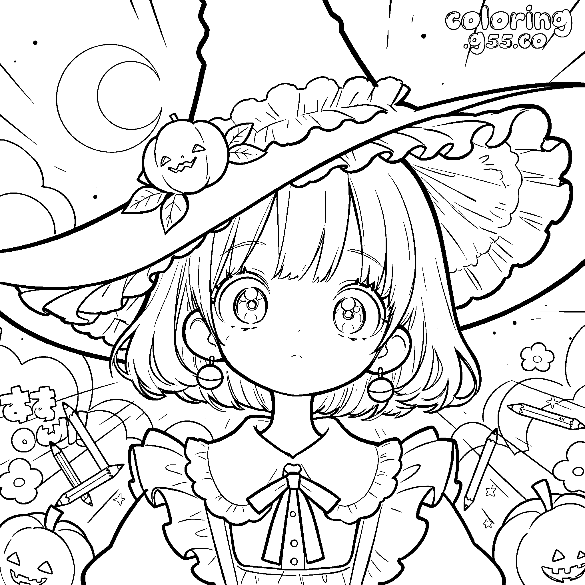 cute anime witch girl line art for kids