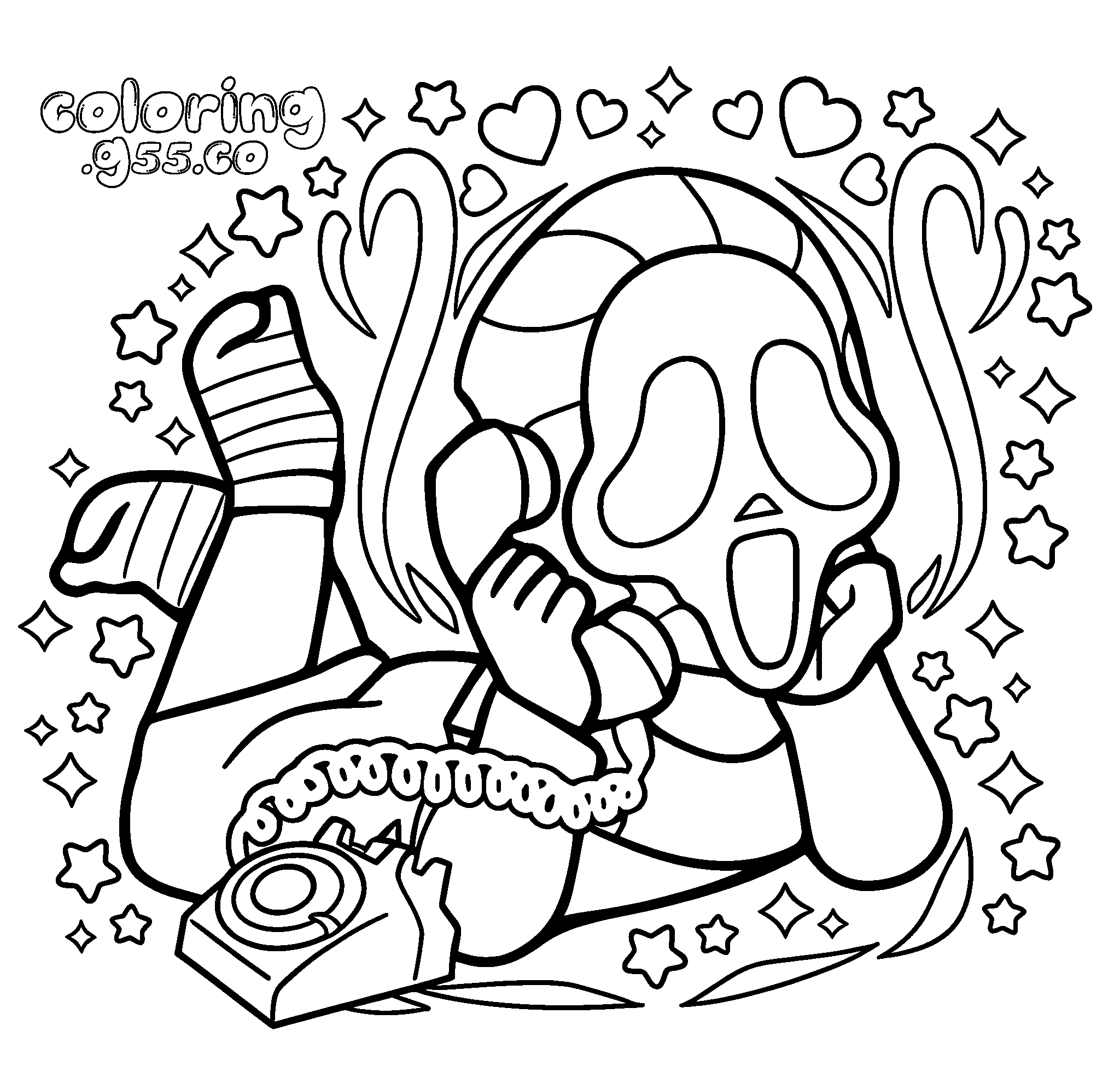 cute ghostface phone hearts line art for kids