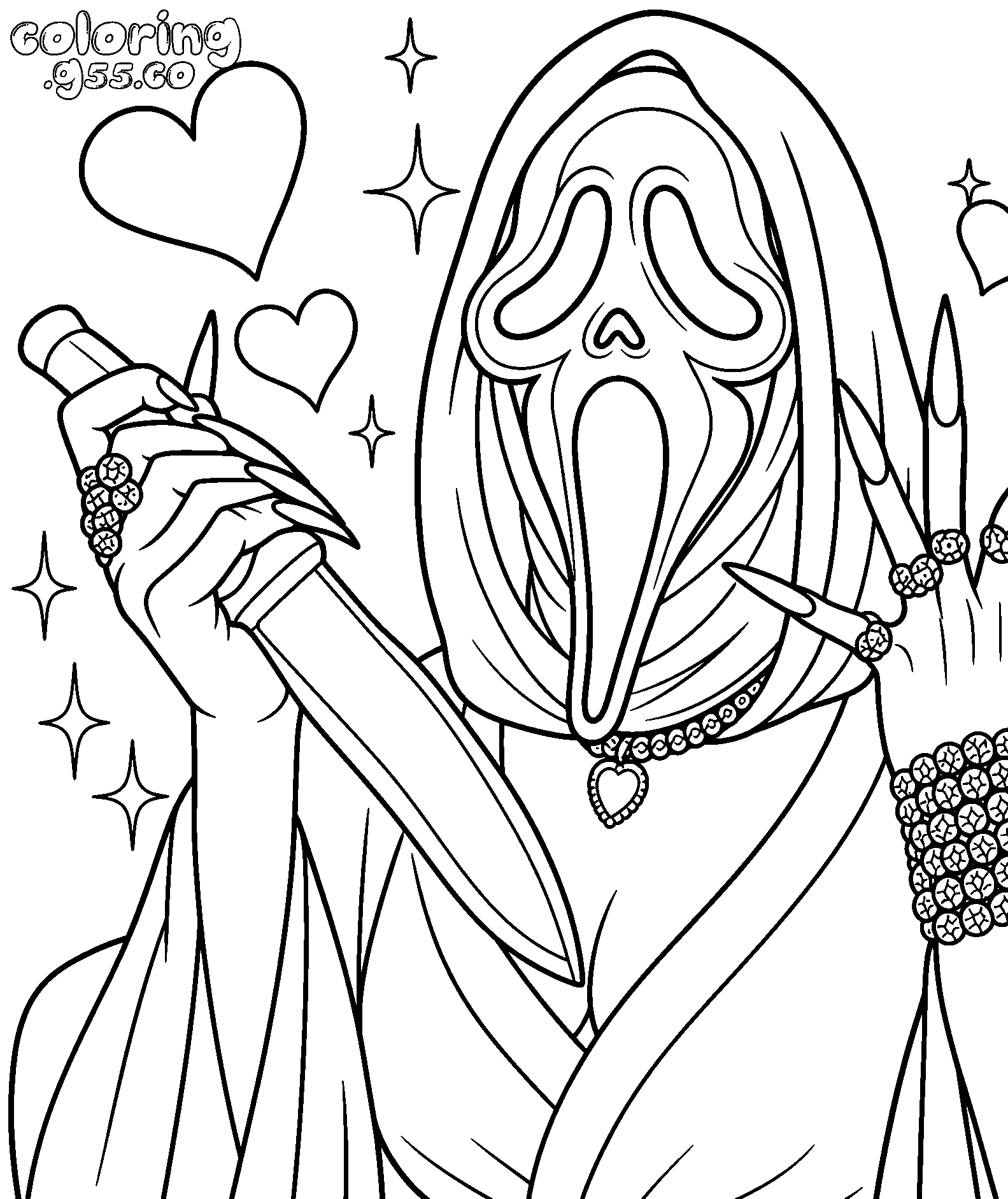 cute glam ghostface sparkles line art for kids