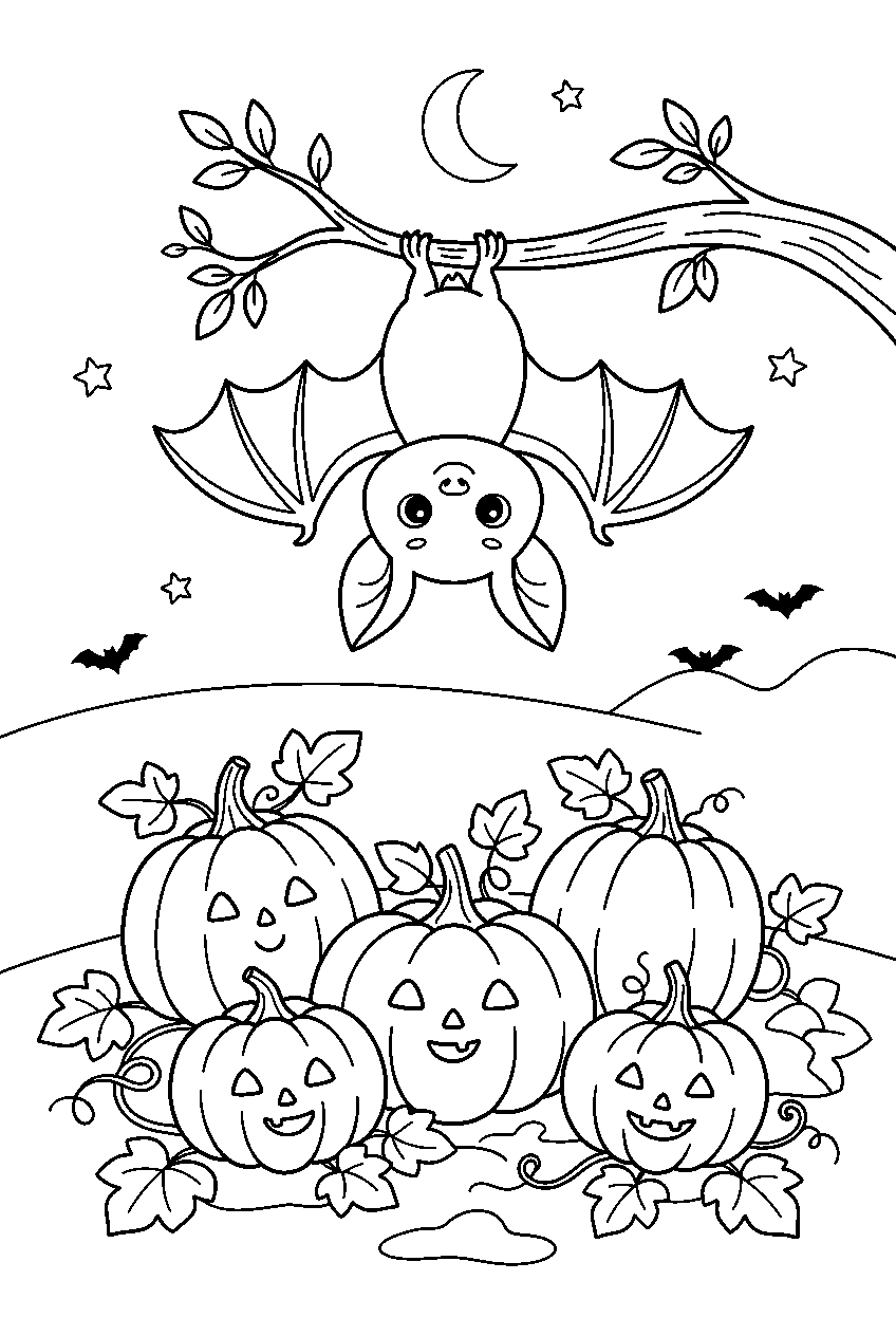 cute halloween bat hanging above pumpkin patch line art