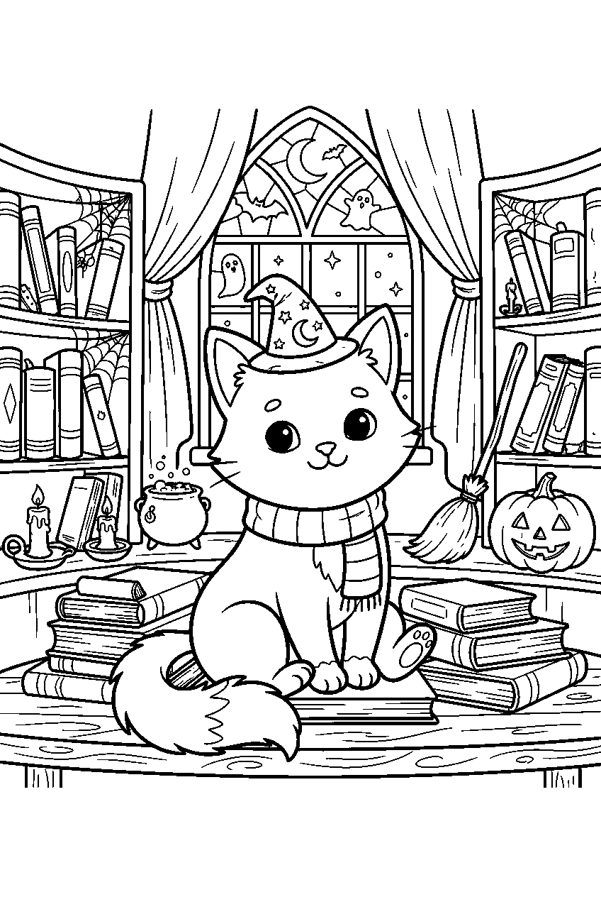cute halloween cat inside spooky bookshop line art