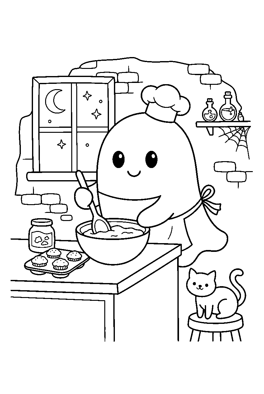 cute halloween ghost baking cupcakes in spooky kitchen line art