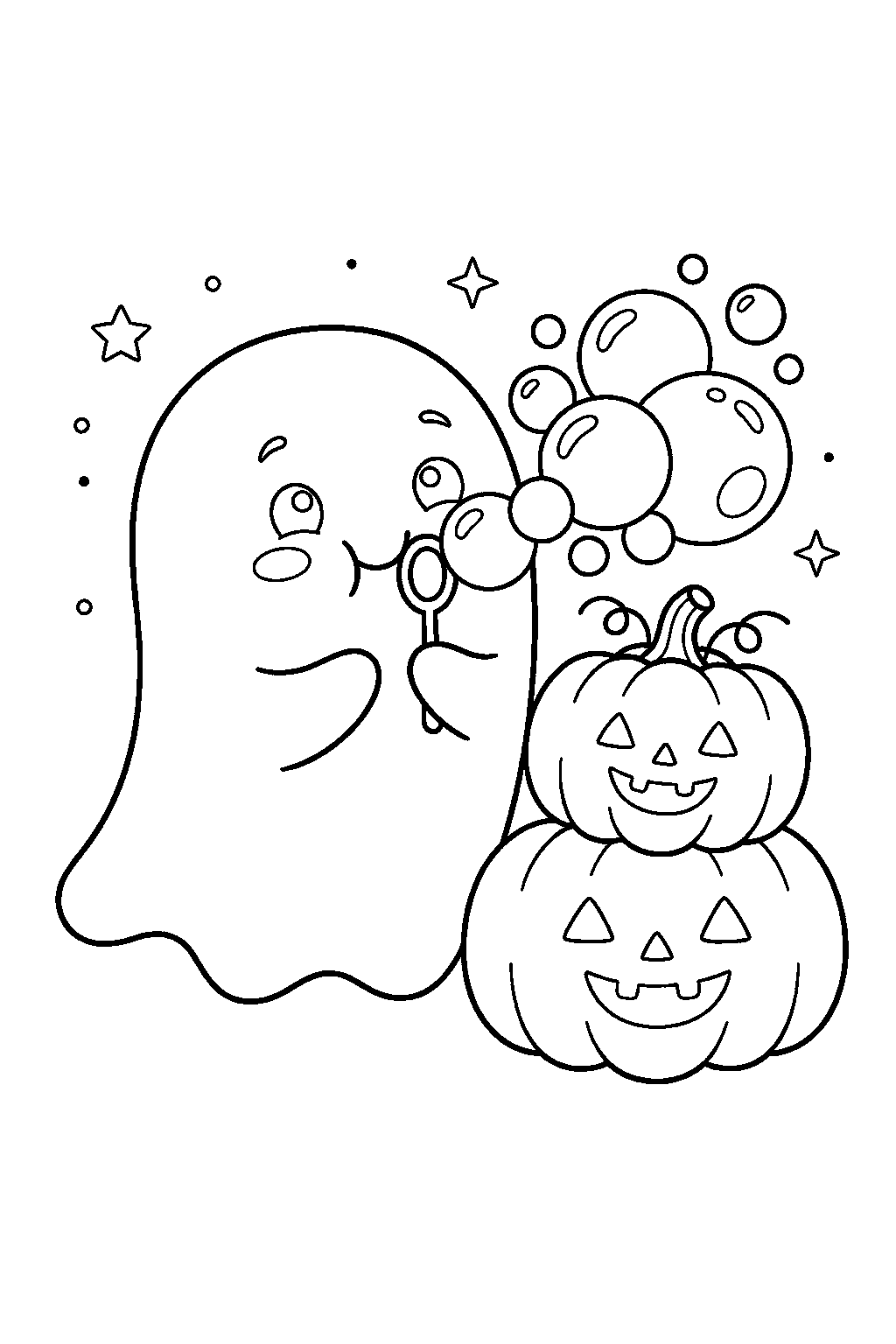 cute halloween ghost blowing bubbles beside pumpkins line art