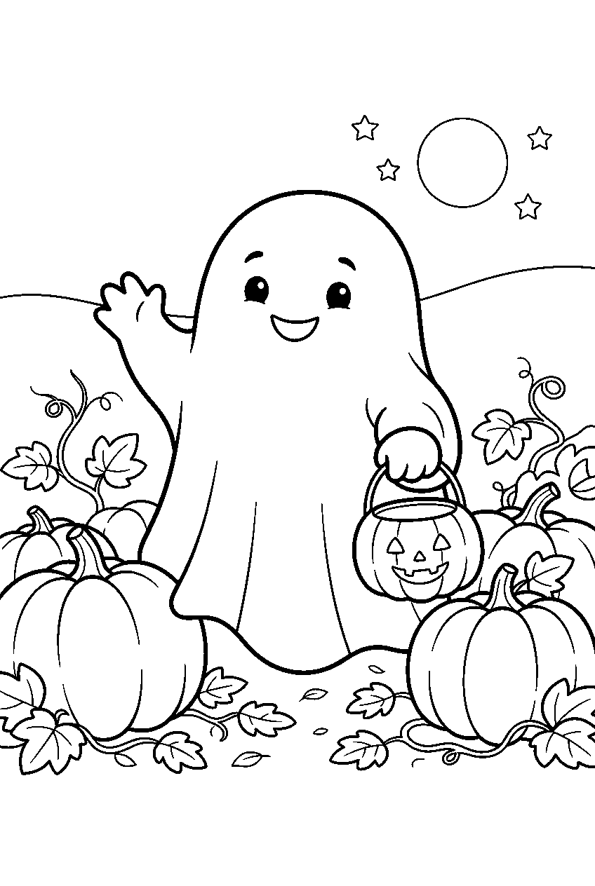 cute halloween ghost holding pumpkin bucket in pumpkin patch line art