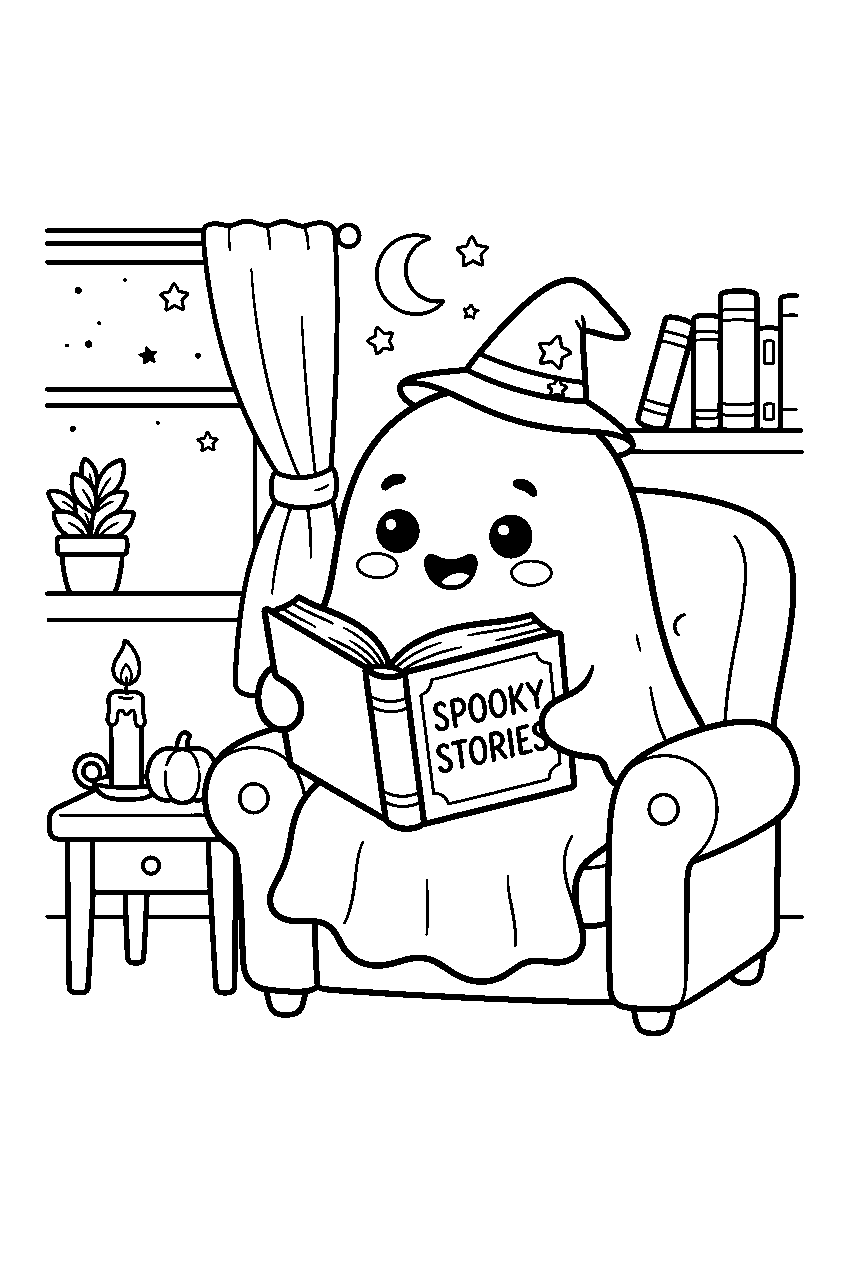 cute halloween ghost reading book in cozy room line art