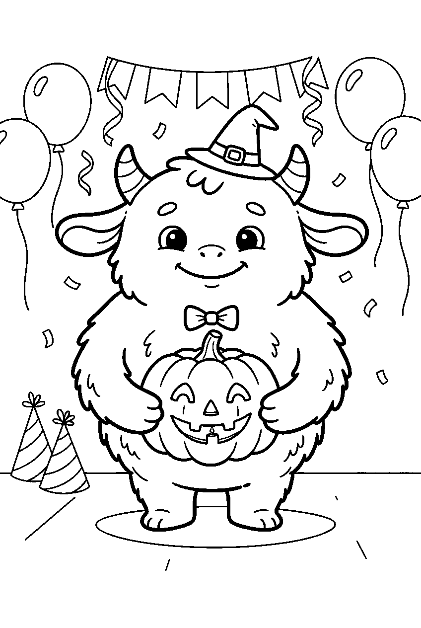 cute halloween monster holding jack o lantern at party line art