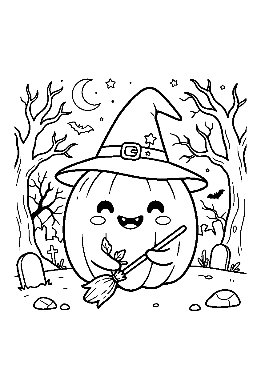cute halloween pumpkin wearing witch hat in haunted forest line art