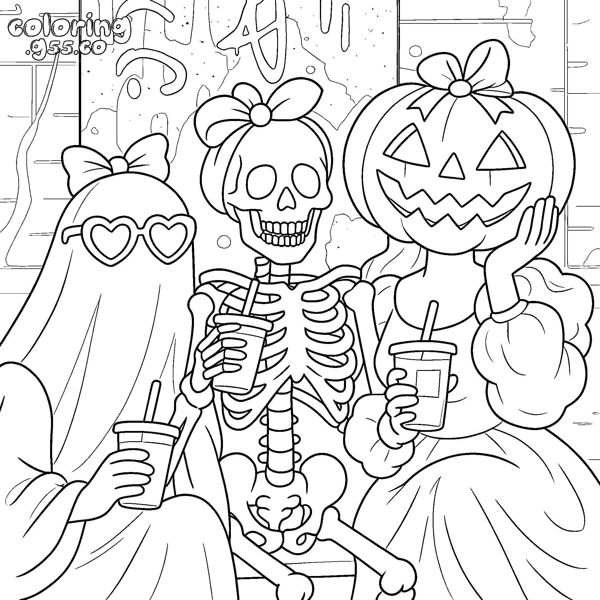 cute halloween skeleton ghost friends line art for kids