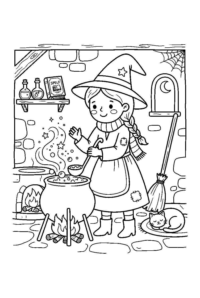 cute halloween witch stirring cauldron in witch cottage line art